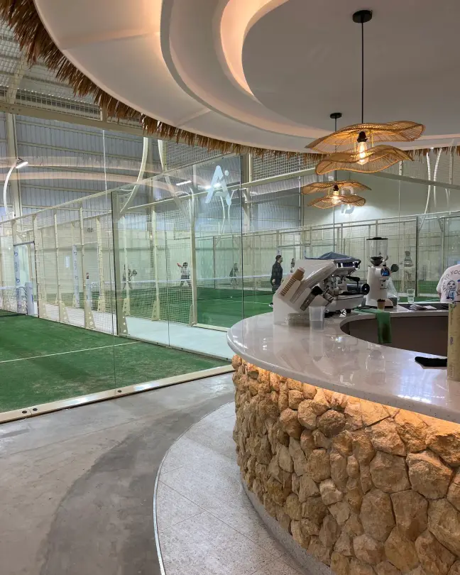 The stone bar and rattan lamps